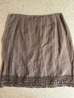 Eileen Fisher Brown 100% Irish Linen-Blend Pencil Skirt with Ruffle Trim.Size XL